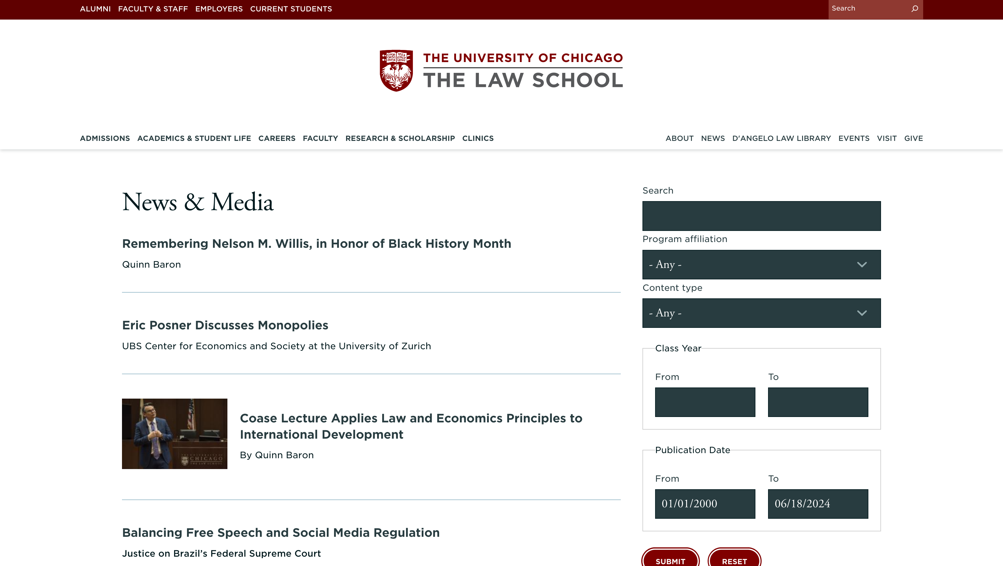 Screenshot of the University of Chicago Law School news feed.